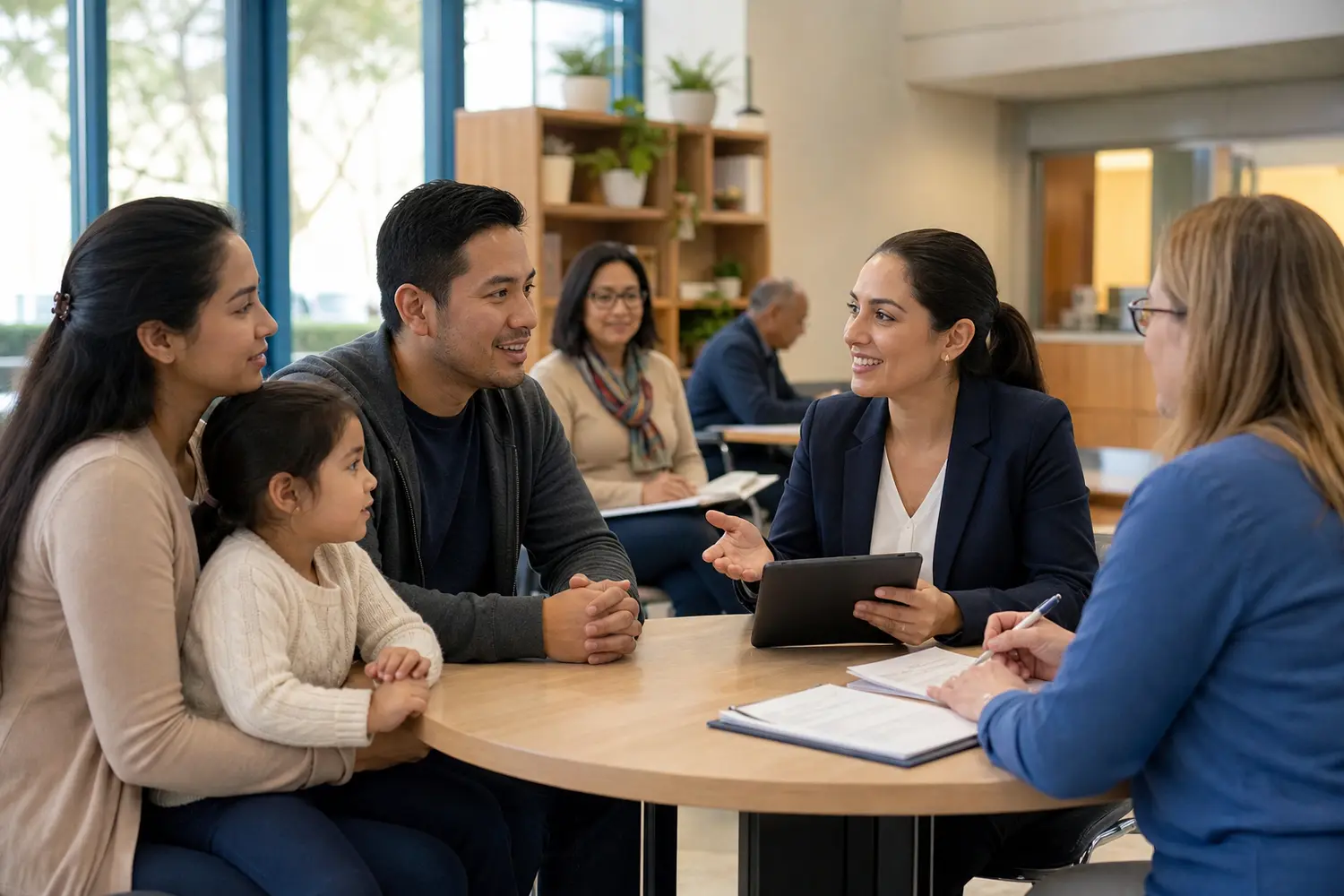Interpreter helping a family and public-sector worker communicate