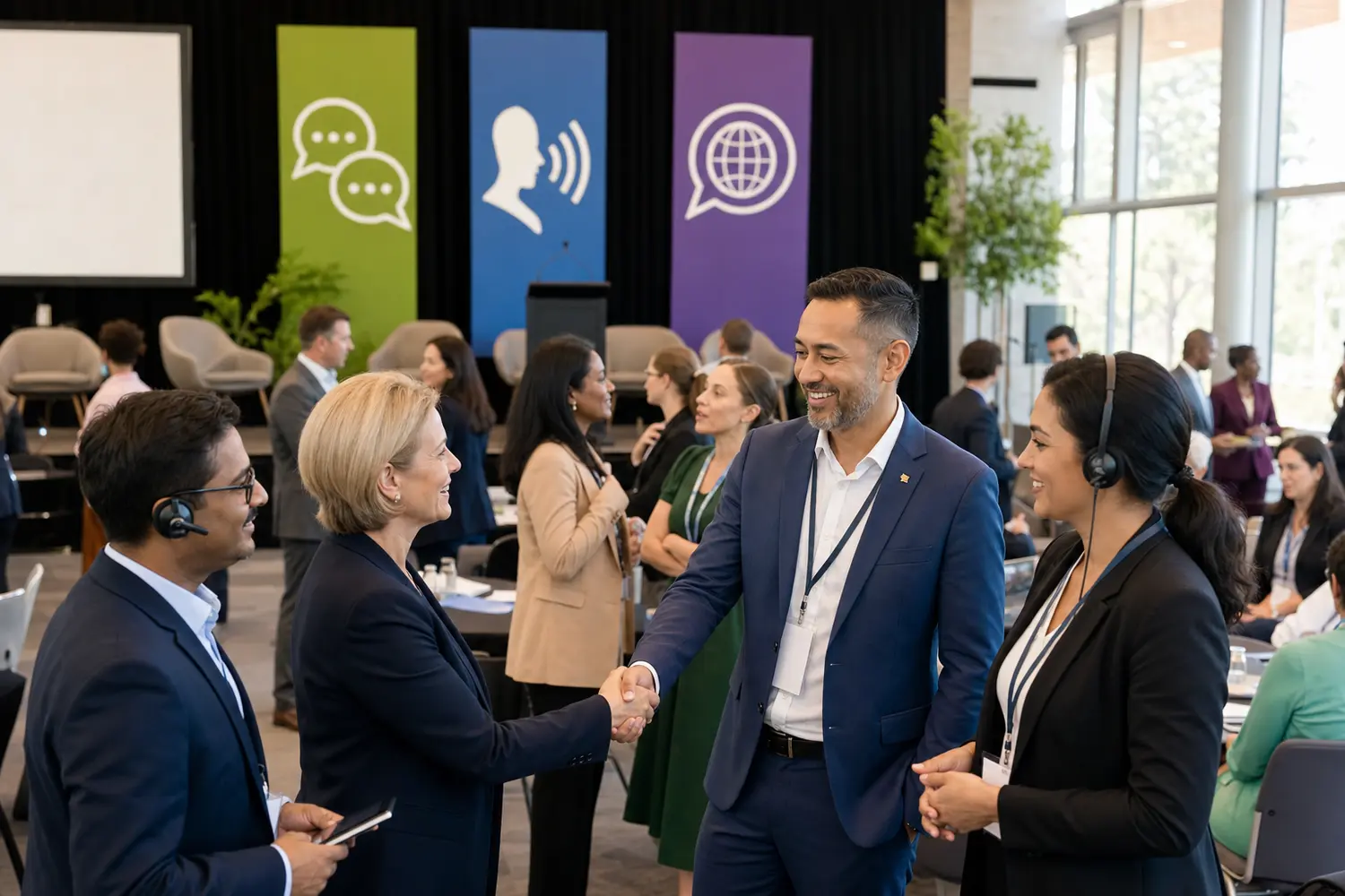 Professional linguists and public-sector leaders collaborating at an event