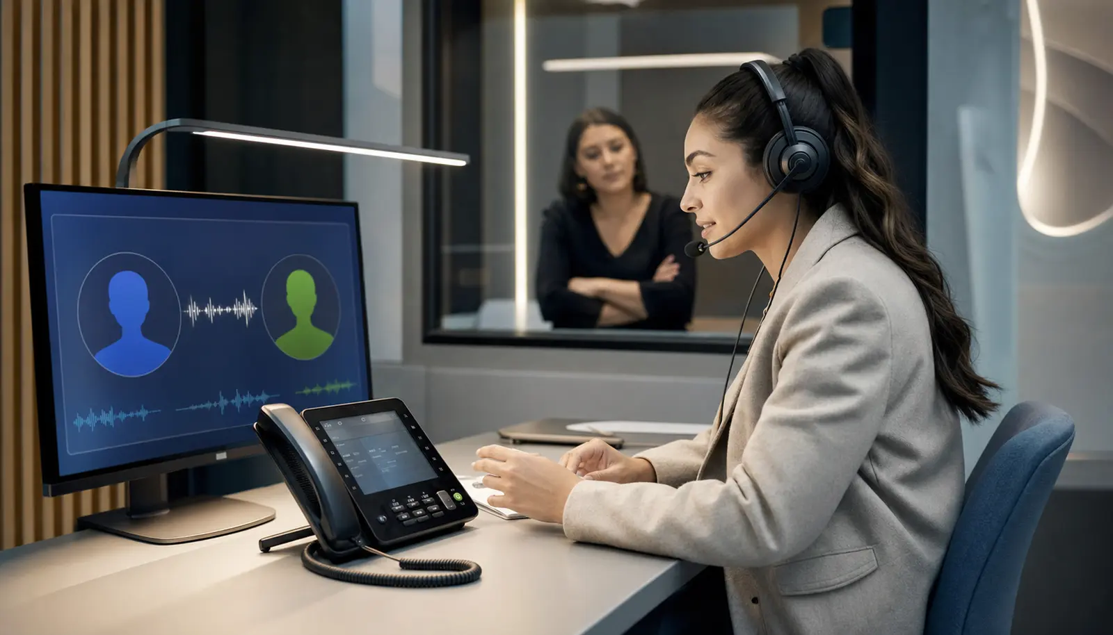 Student practising telephone interpreting in an AI-assisted lab