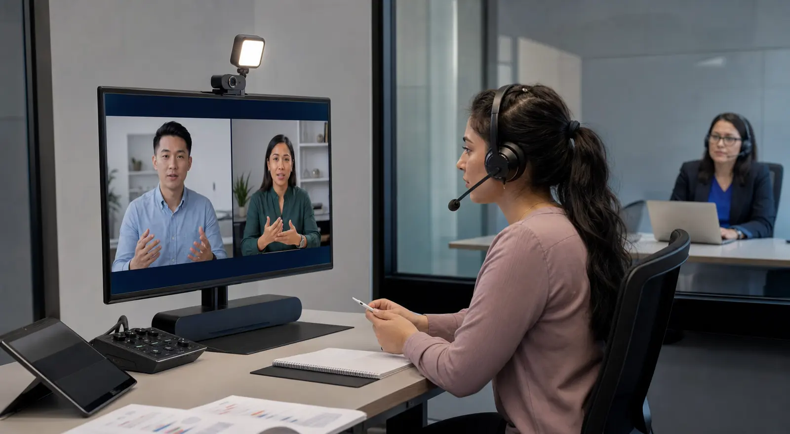Student practising video interpreting with a trainer observing